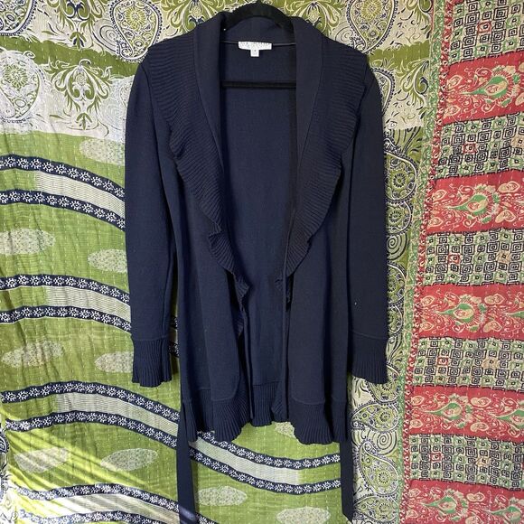 St. John Collection Wool Blend Santana Knit Black Long Ruffled Cardigan Size 4 - Picture 8 of 16